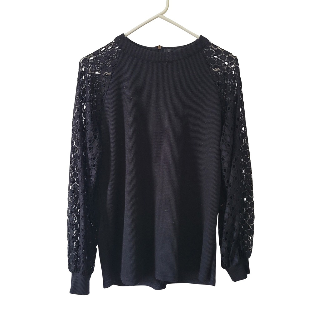 MIHOLL Womens Medium Blouse‎ Black Lace Long Sleeve Waffle Knit High Neck Top